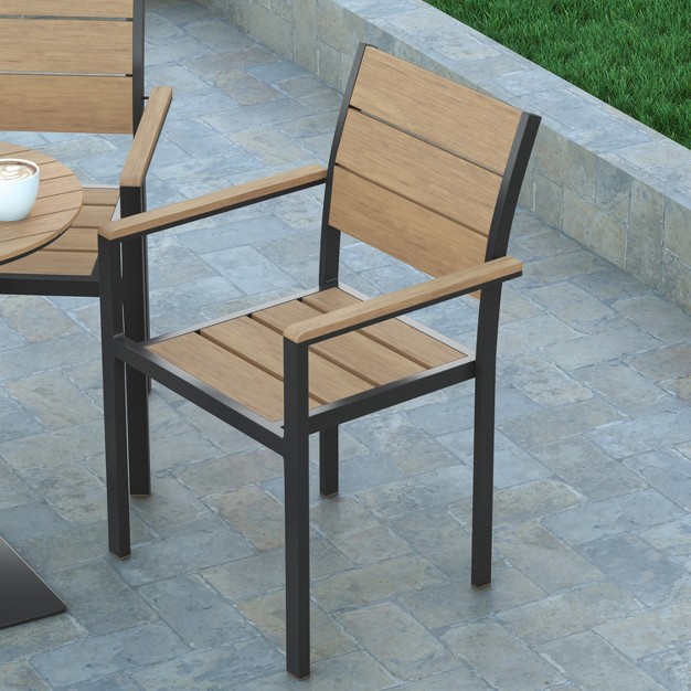 Emma And Oliver Outdoor Stacking Side Chair With Faux Teak Poly Slat Seat Back And Arms And Metal Frame