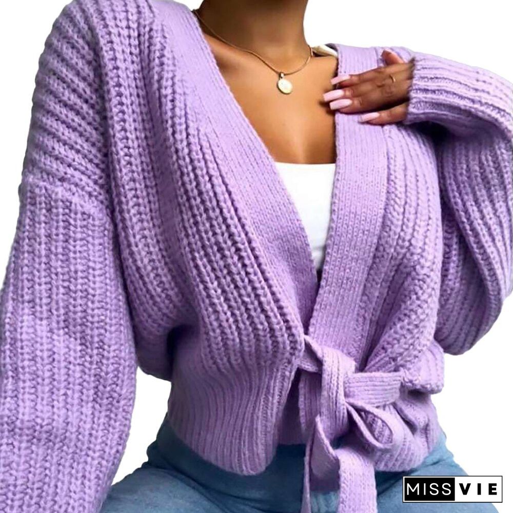 Fashion Elegant Women Sexy V-Neck Cardigan Knitted Belt Lace-Up Coat Bow Jacket Loose Warm Hollow Out Lady Autumn Winter Sweater