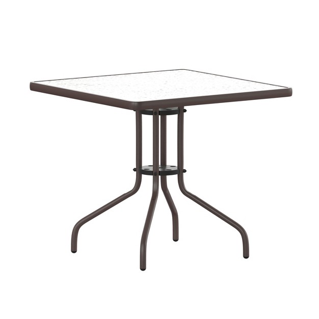 Emma And Oliver 31 5 x27 x27 Square Glass Top Metal Table With 4 Aluminum Slat Stack Chairs