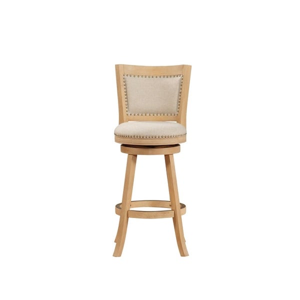 Kia Solid Wood Swivel Barstool， Curved Panel Back， Brass Nailheads， Ivory