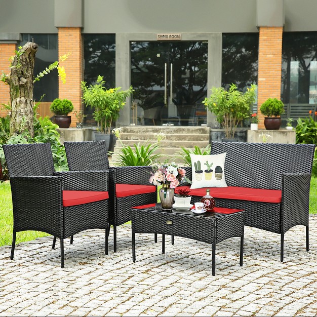 Costway 4pcs Patio Rattan Furniture Set Cushioned Sofa Coffee Table Backyard Turquoise red white grey navy