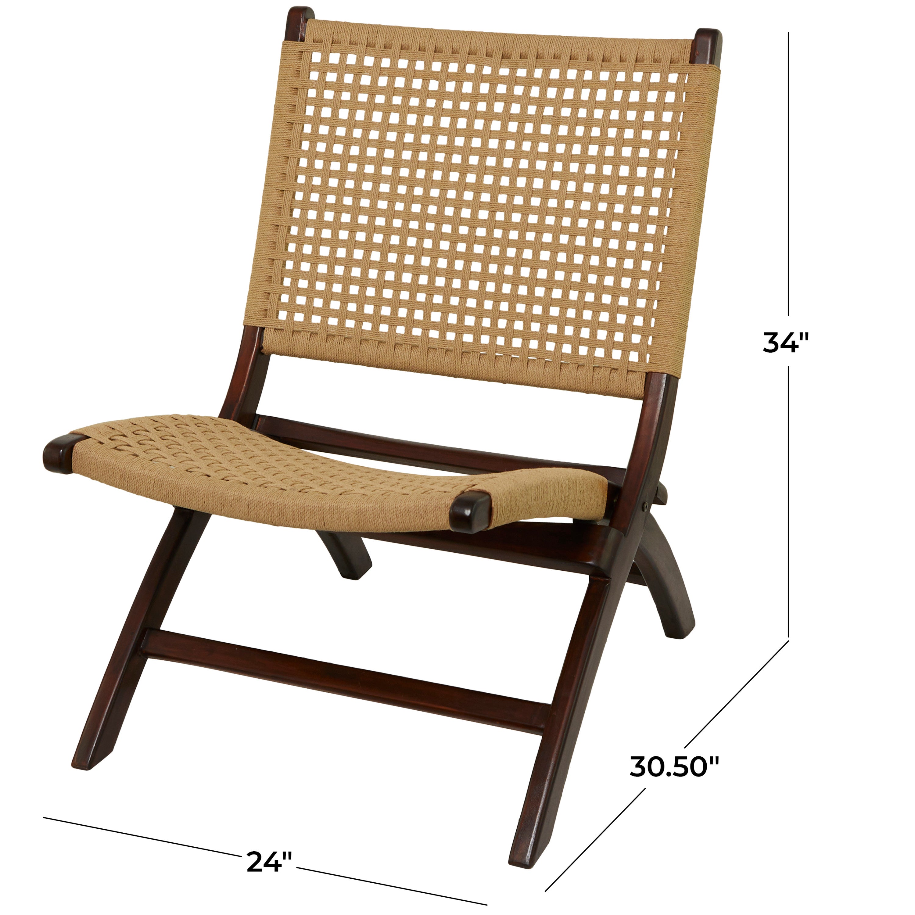 DecMode Contemporary Wood Folding Chair with Polished Mahogany Brown Finish and a Light Brown Woven Seat, 24"W x 34"H