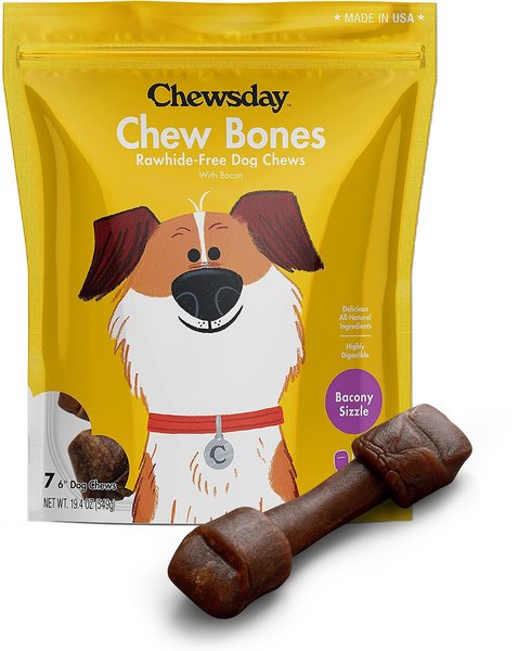 Chewsday Bacony Sizzle Chew Bones Rawhide-Free Dog Hard Chews， 7 count， Original