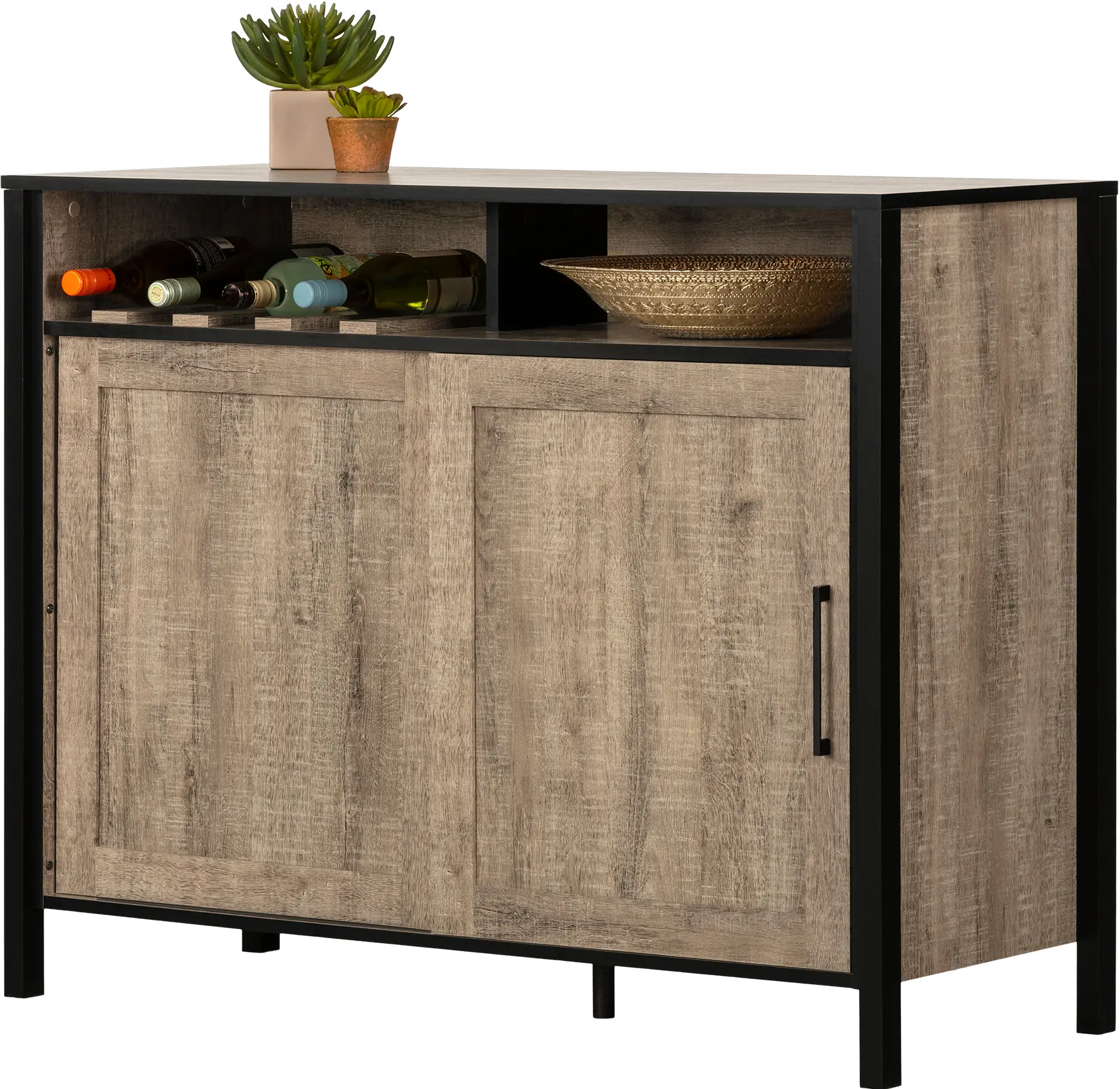 Munich Weathered Oak and Black Bar Cabinet - South Shore