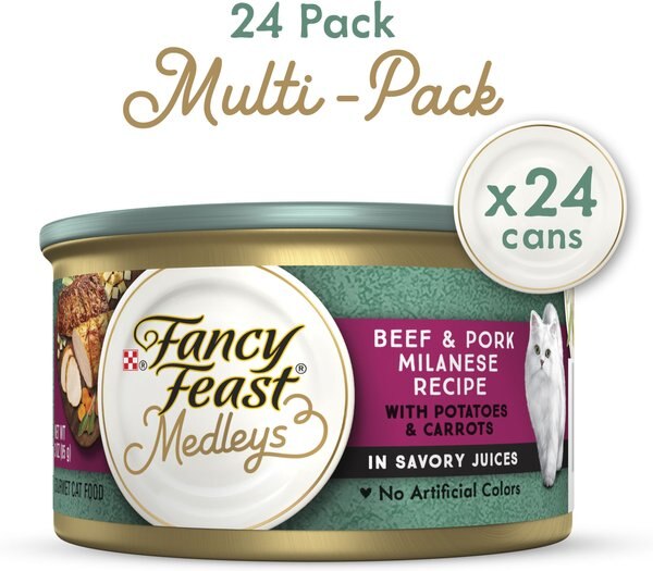 Fancy Feast Medleys Beef and Pork Milanese with Carrots and Potatoes in Savory Juices Wet Cat Food， 3-oz can， case of 24