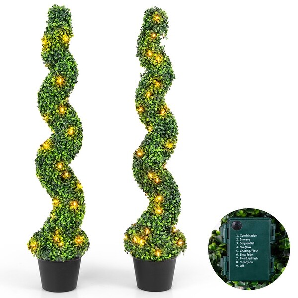 Gymax 47'' PreLit Artificial Boxwood Spiral Topiary Tree Set of 2 w/