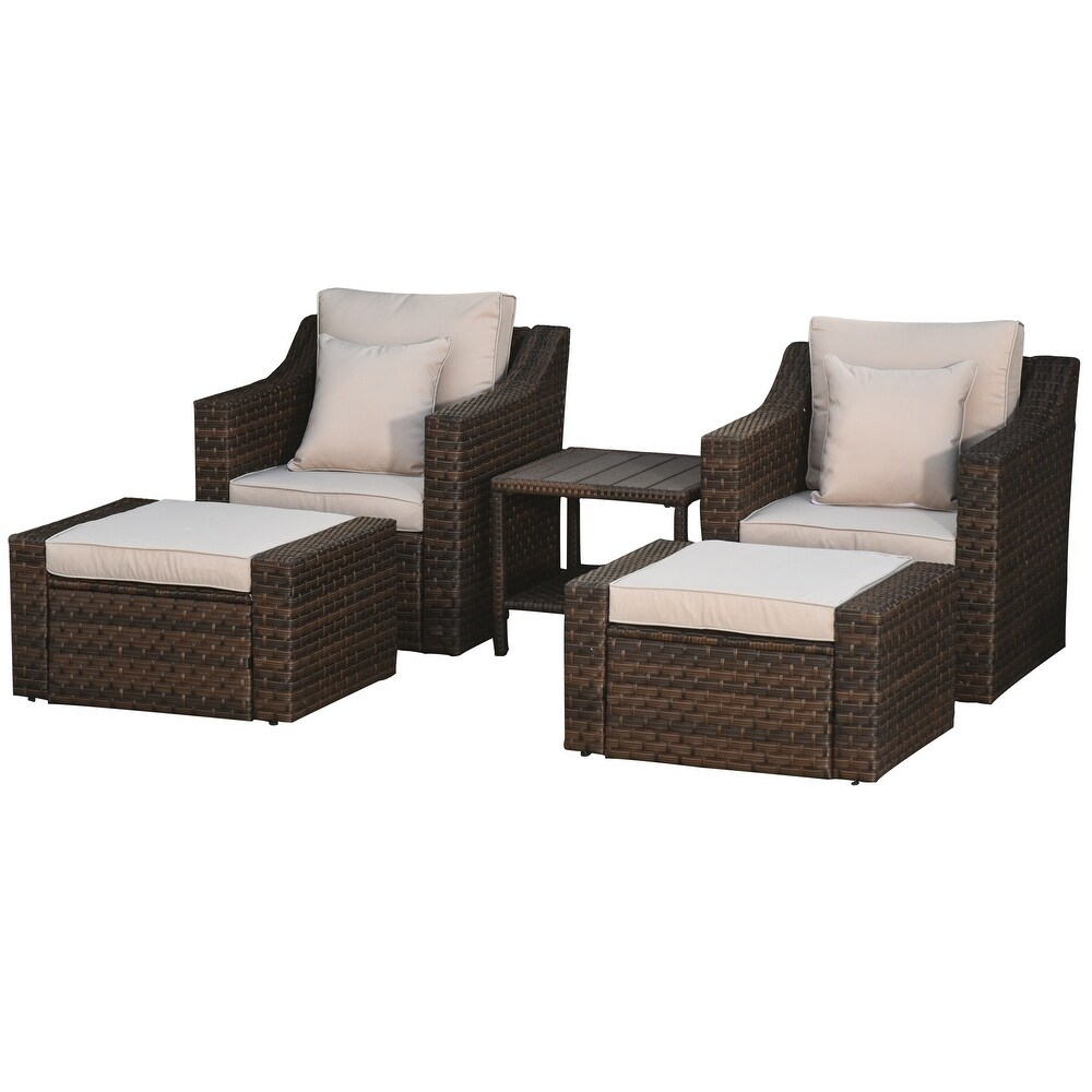 Outsunny 5 Piece PE Rattan Outdoor Patio Armchair Set with 2 Chairs  2 Ottomans  Coffee Table    Durable Build  Beige