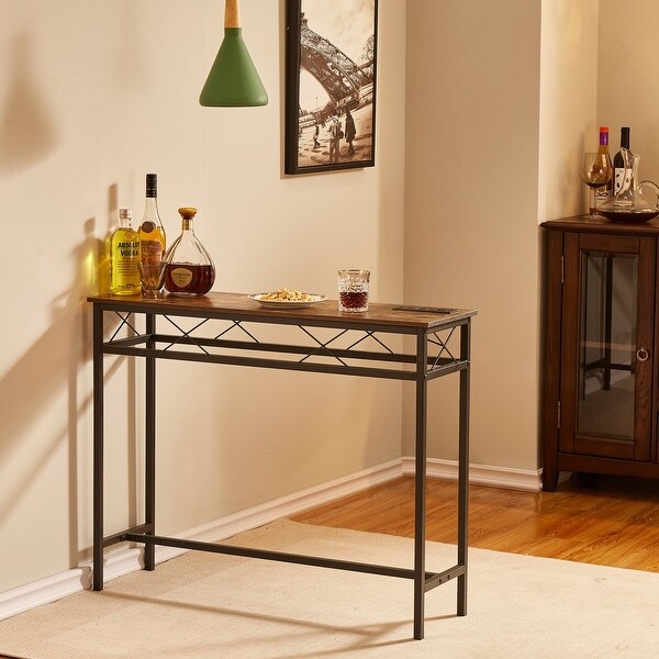 VECELO Industrial Rectangular Wood Console Table with AC Power and USB Charging Ports