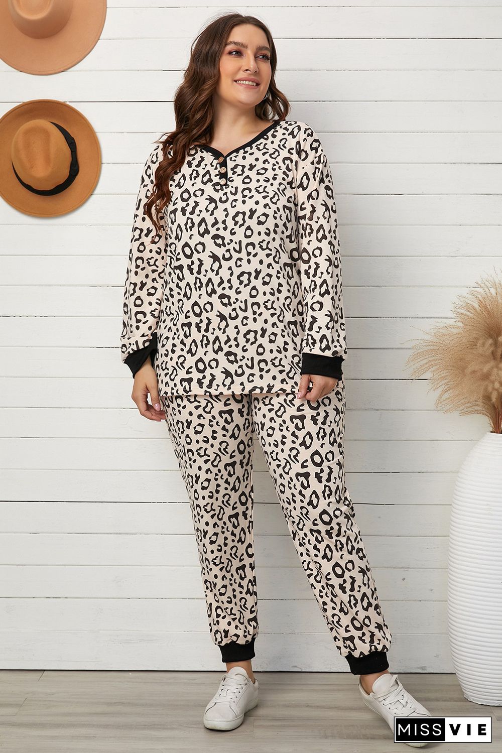 Leopard Plus Size V Neck Top And Sweatpants Lounge Set