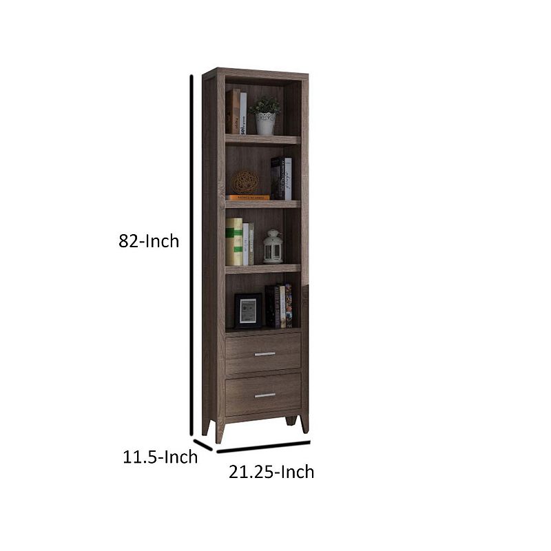 Wooden Media Tower with Four Open Shelves and Two Drawers， Dark Taupe Brown