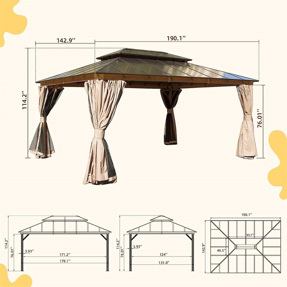 Yellow Brown 12 x 16 ft Hardtop Gazebo with Ventilated Polycarbonate Double Roof  Sturdy Aluminum Frame