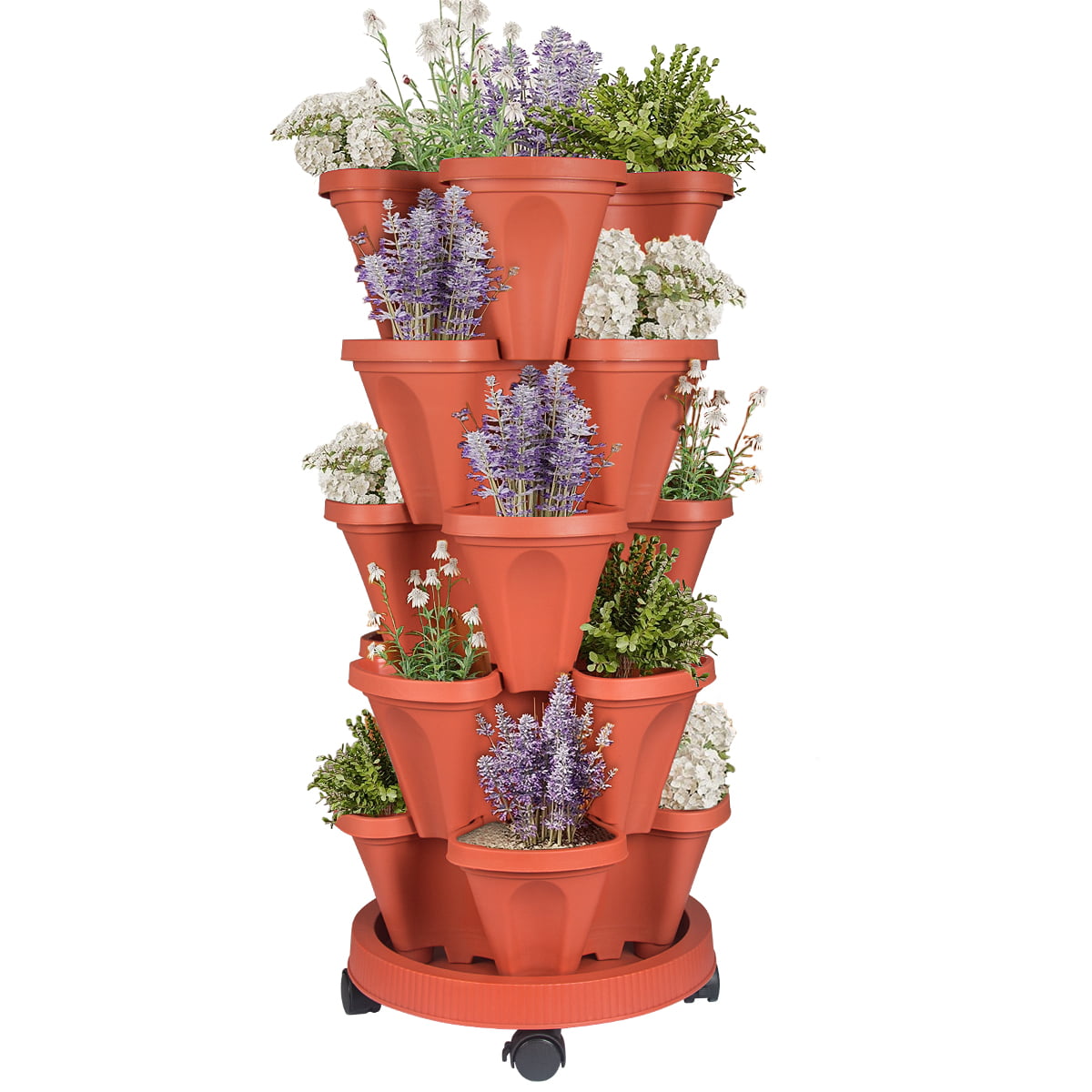 Stackable Planter, 5 Tier Vertical Garden Planter with Movable Wheels and Planters Tools, Tower Garden Planters for Vegetables, Flowers, Herbs, Strawberries Planting, Indoor Outdoor Gardening Pots