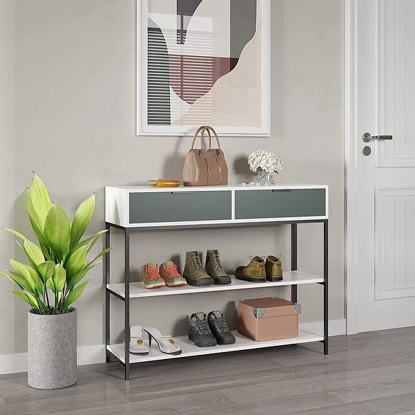 Narrow Console Table with 2 Storage Shelves ， Stable Metal Support for Living Room， Hallway， Easy Assembly， 39in， Green