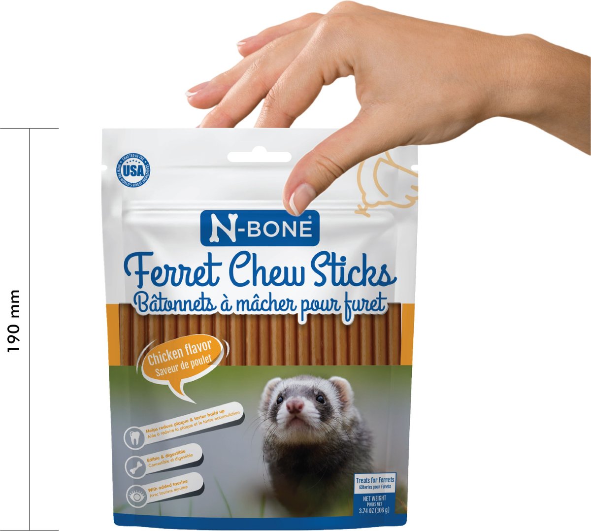 N-Bone Chicken Flavor Chew Sticks Ferret Treat， 3.74-oz bag