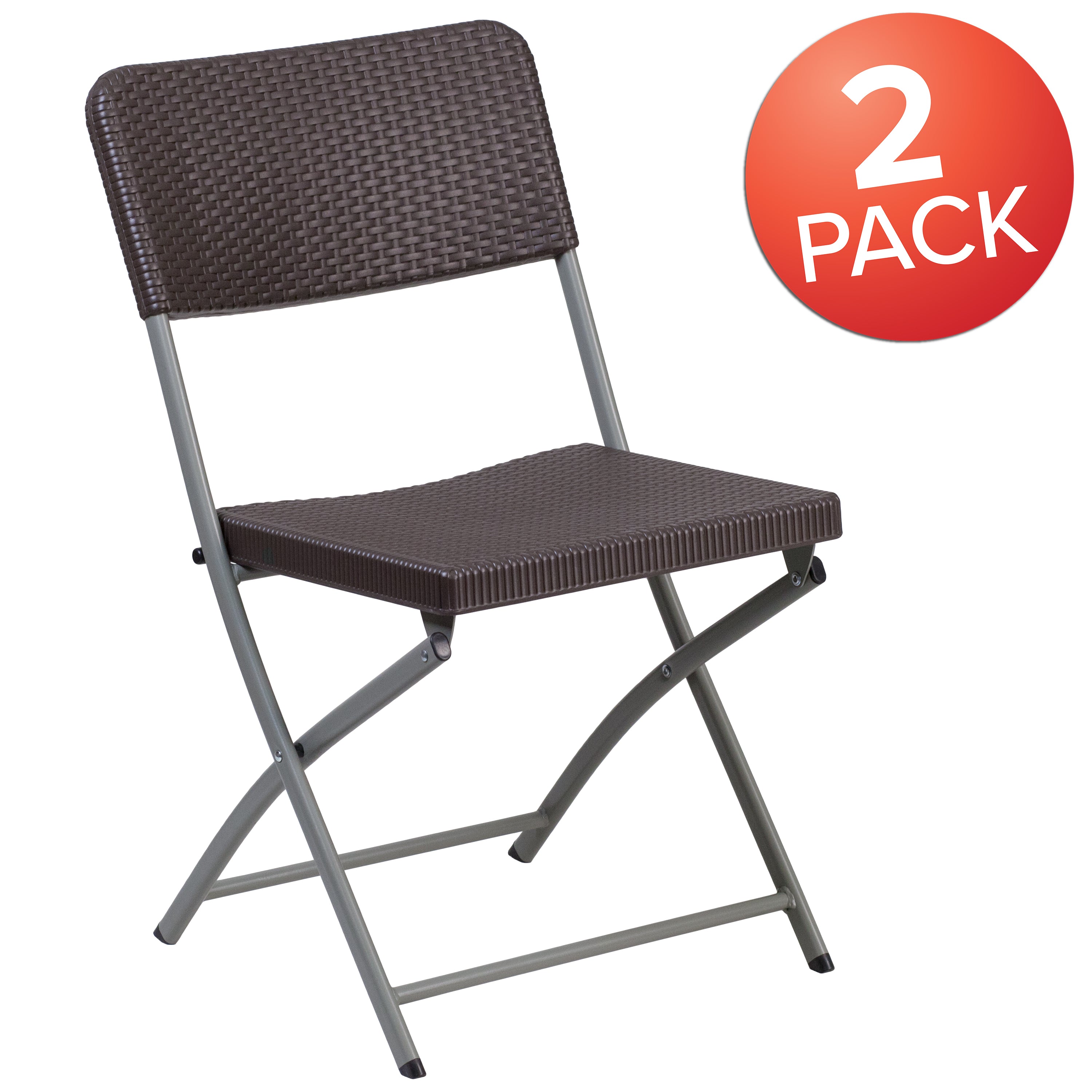 Emma + Oliver 2 Pack Brown Rattan Plastic Indoor-Outdoor Patio Folding Chair