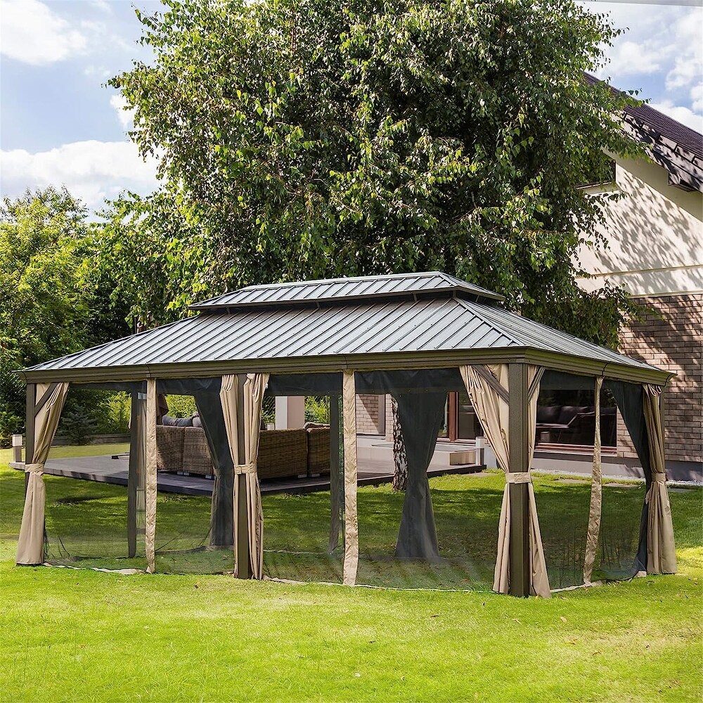 Brown 12x20 ft Permanent Hardtop Gazebo with Roof  Curtains  and Netting