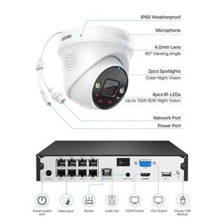 ZOSI 4K UHD 8-Channel 2TB PoE NVR Security Camera System with 2 8MP Wired Spotlight Cameras Color Night Vision 2-Way Audio 8SN-2258W2-20-US-A2