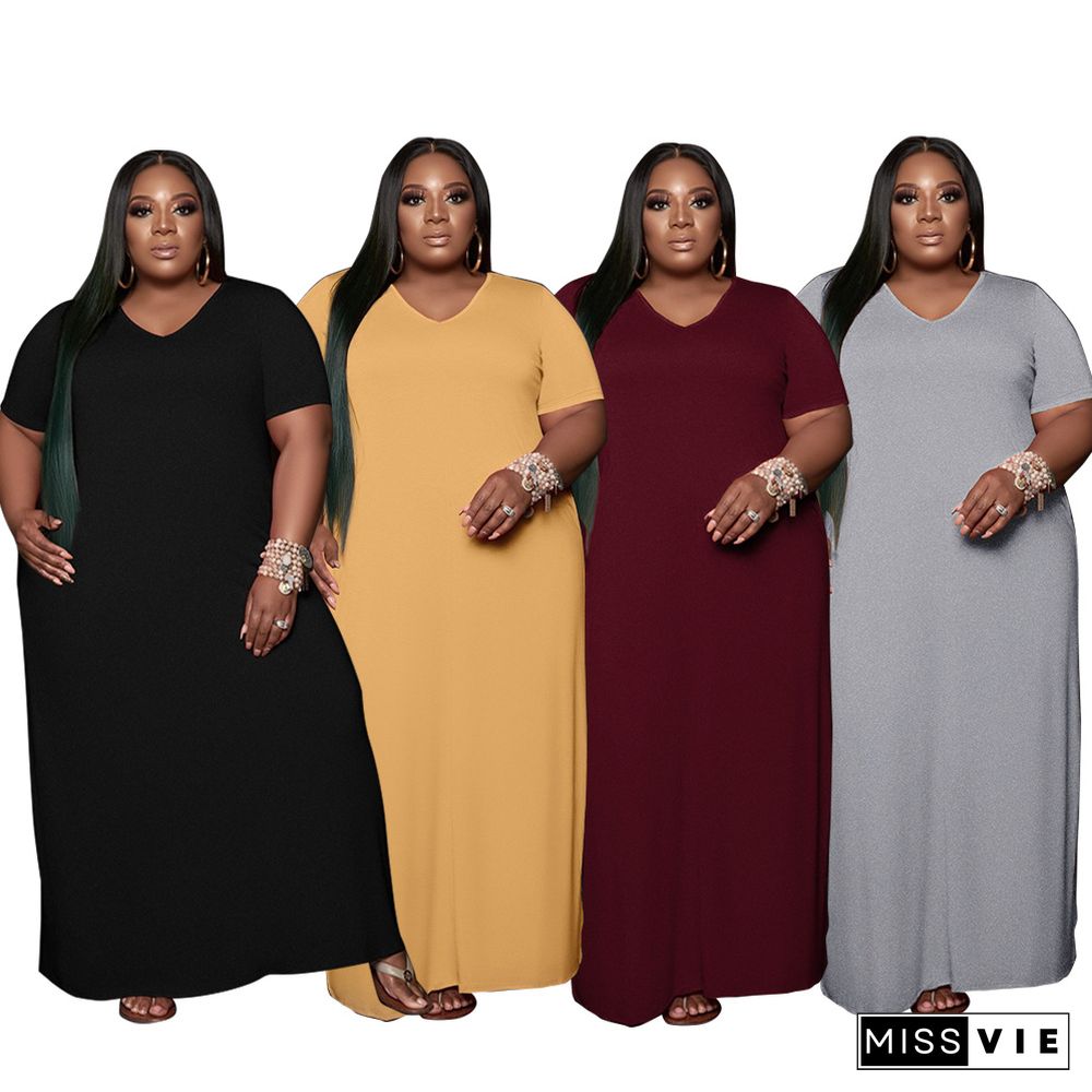 Summer Solid Color Short Sleeve V Neck Loose Maxi Dress