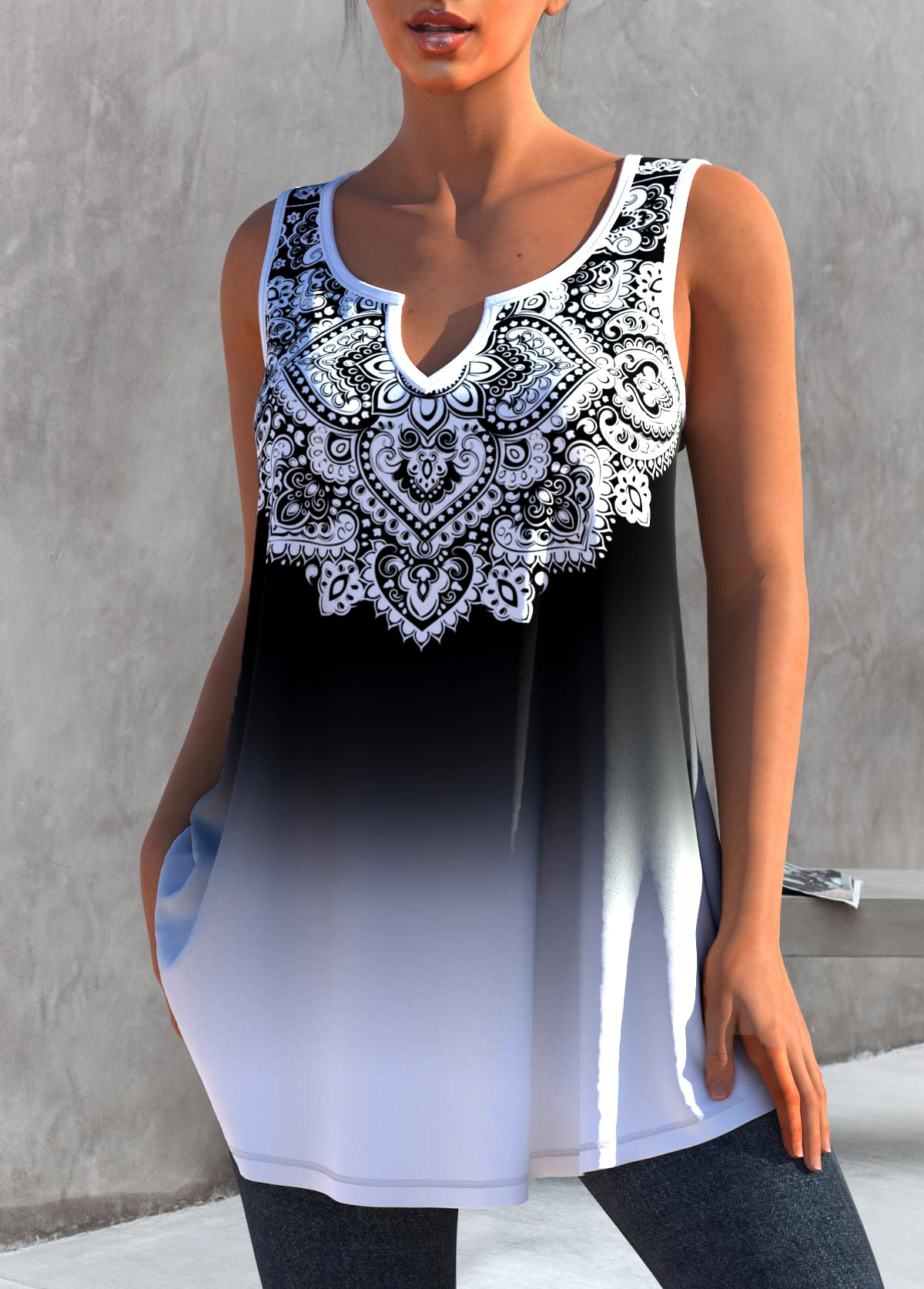 Tribal Print White Ombre Split Neck Tank Top