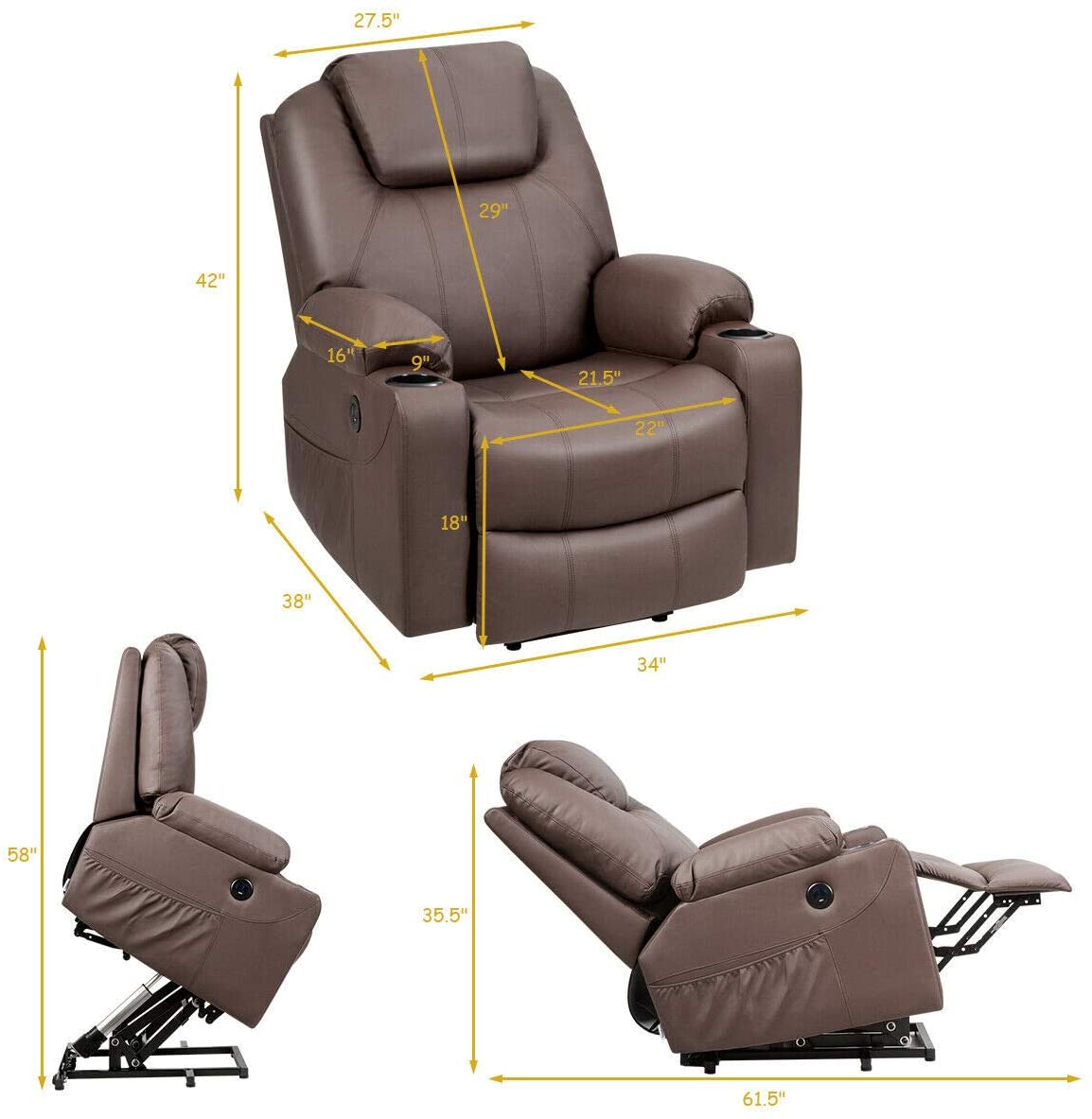 Power Lift Recliner Chair for Elderly Faux Leather Electric Recliner w/Massage and Heating