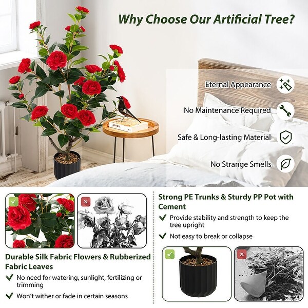 Gymax 38'' Artificial Camellia Tree Faux Floral Plant Fake Tree for