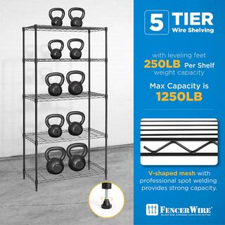 Fencer Wire Black 5-Tier Metal Adjustable Height Garage Storage Shelving Unit with Leveling Feet (30 in. W x 14 in. D x 60 in. H) RWW-CH30145BK