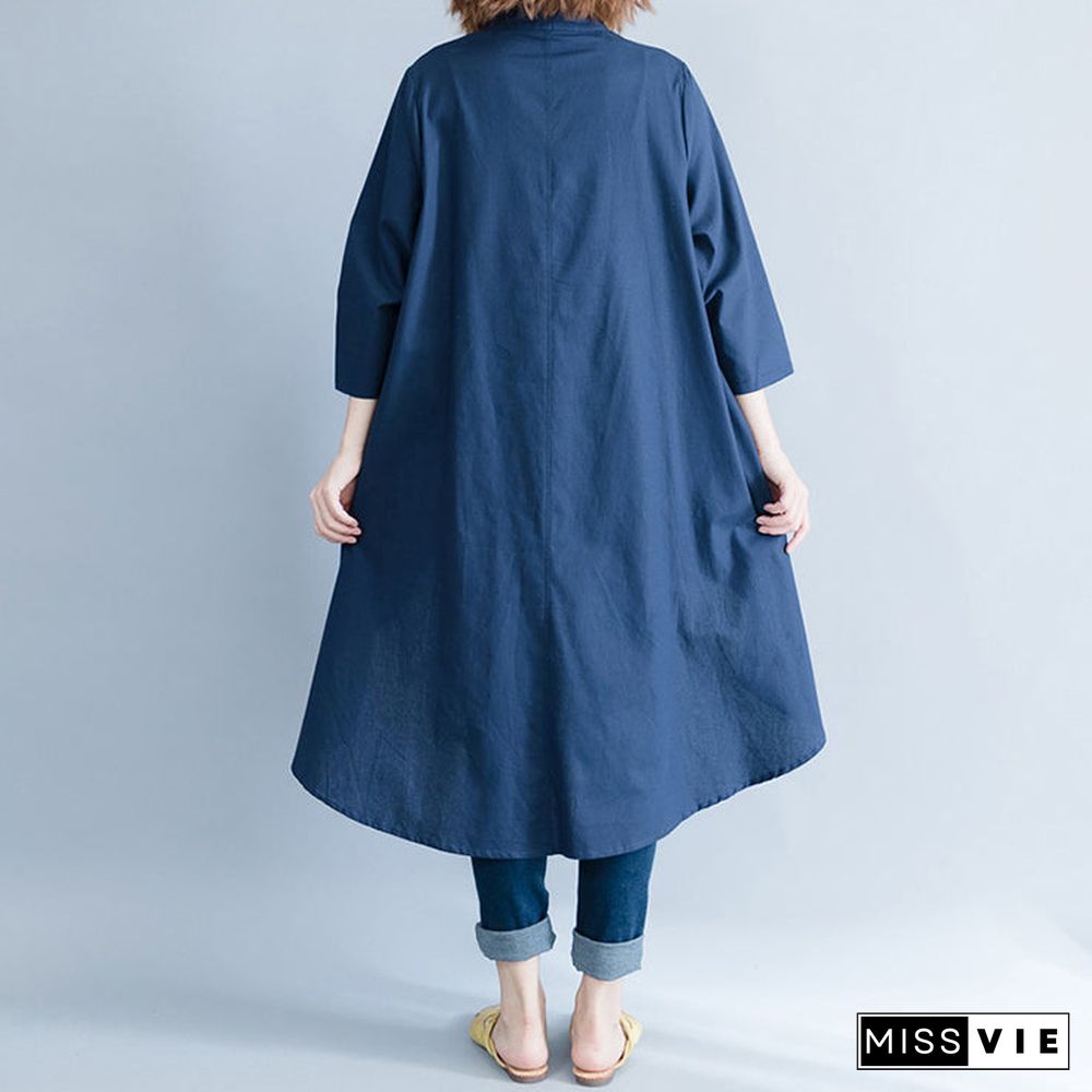 Style navy linen cotton tunics for women Casual Neckline asymmetric Art shirt Dresses