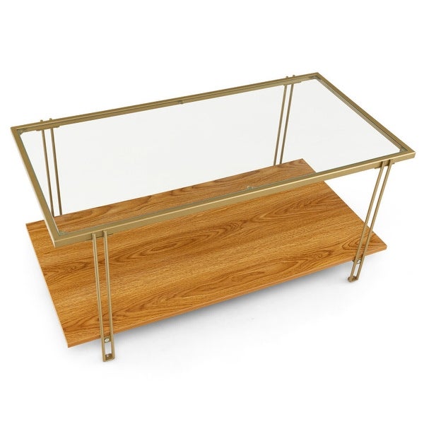 2 Tiers Rectangle Glass Coffee Table with White and Gold Steel Frame-Golden - 39.5