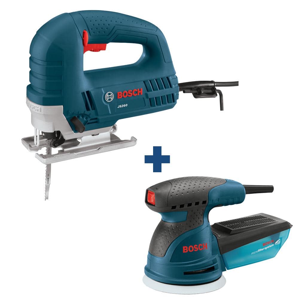 Bosch 6 Amp Corded Variable Speed Top-Handle Jig Saw Kit with Assorted Blades and Bonus 2.5 Amp 5 in. Corded Palm Sander JS260+ROS10