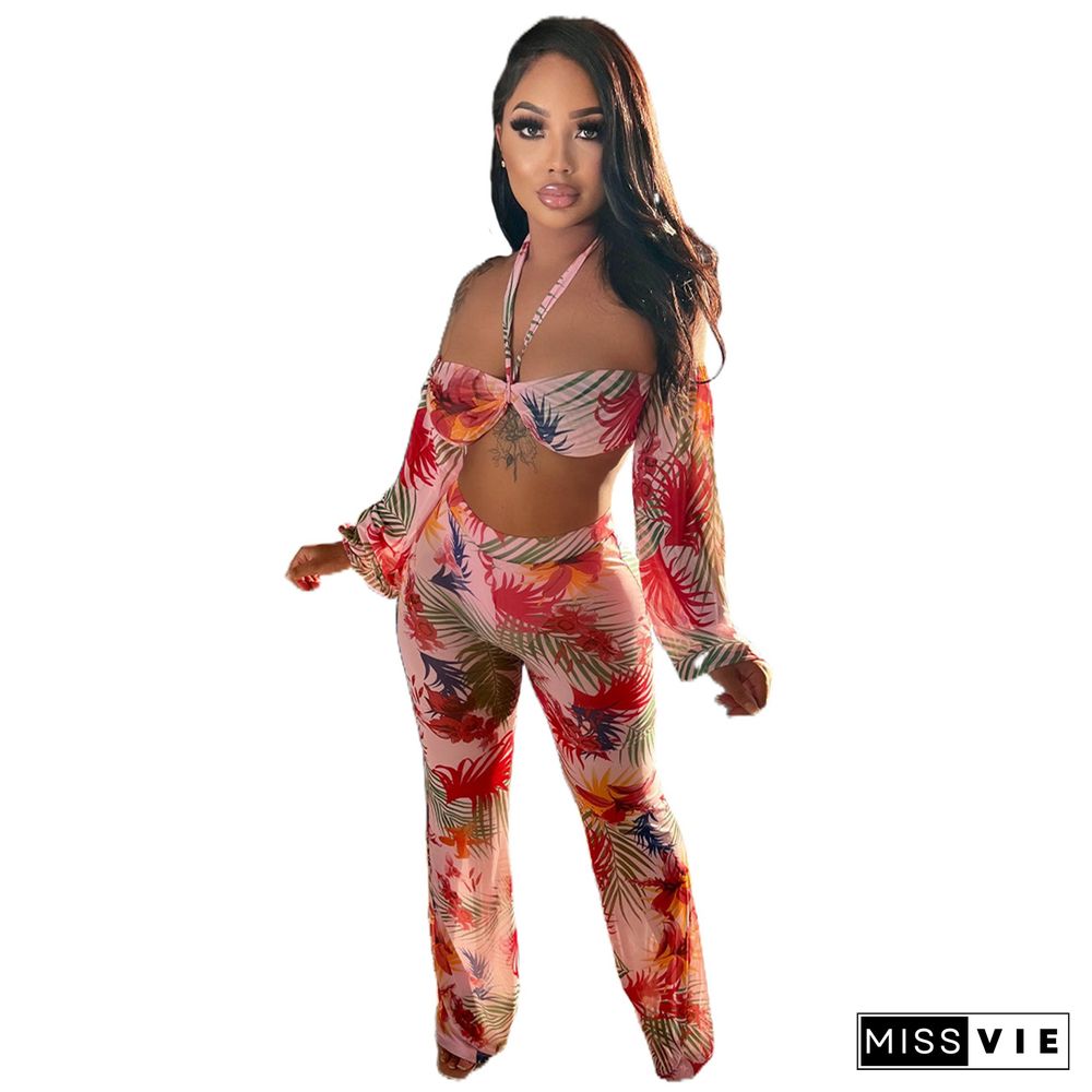 Mesh Sheer Print Halter Crop Top and Pants Set