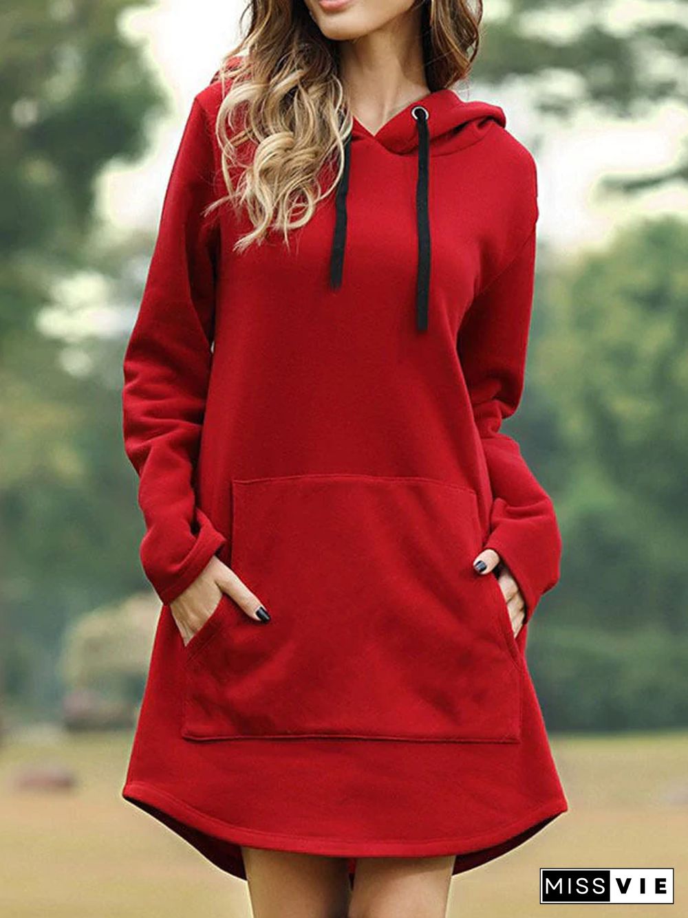 Casual Solid Color Hooded Pocket Sweater Dress