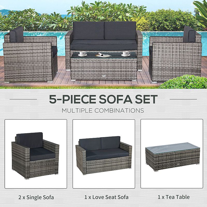 Outsunny 4-Piece Rattan Wicker Furniture Set， Outdoor Cushioned Conversation Furniture with 2 Chairs， Loveseat， and Glass Coffee Table， Grey