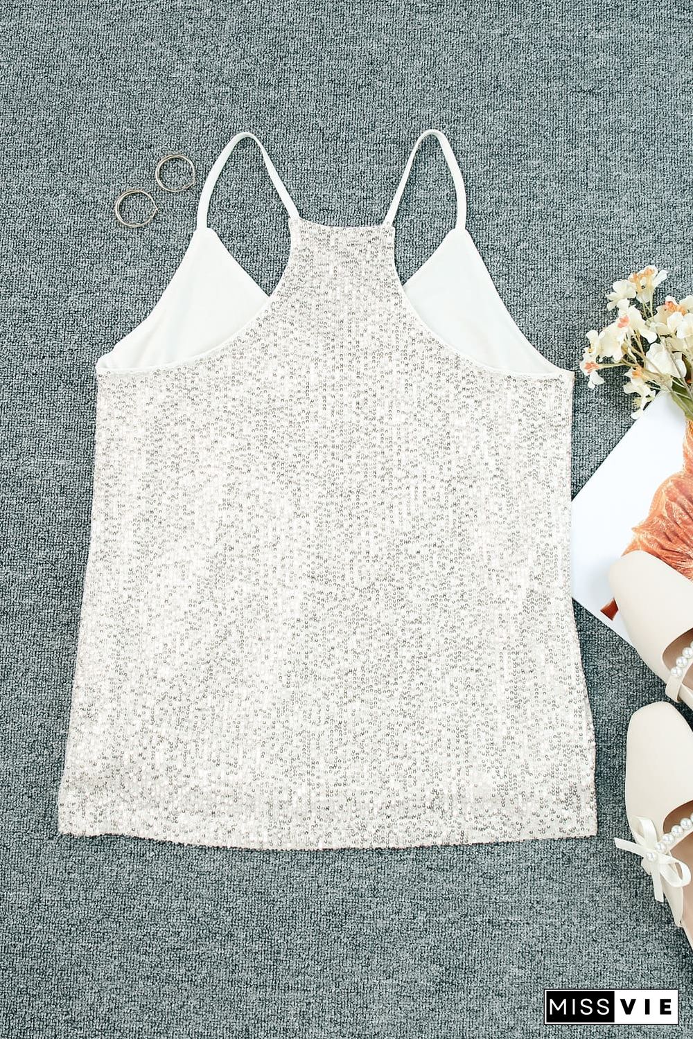 Silver Spaghetti Straps Sequin Tank Top