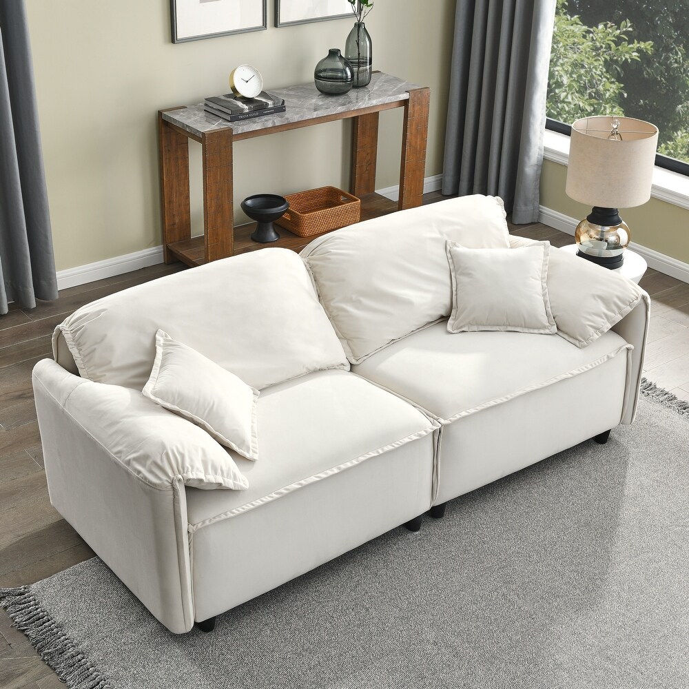 Beige Modern Velvet Upholstery Living Room Sofa Set with Pillows (2x 3 Seater)