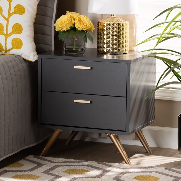 Kelson Modern Dark Grey and Gold Finished Wood 2-Drawer Nightstand - - 33914443