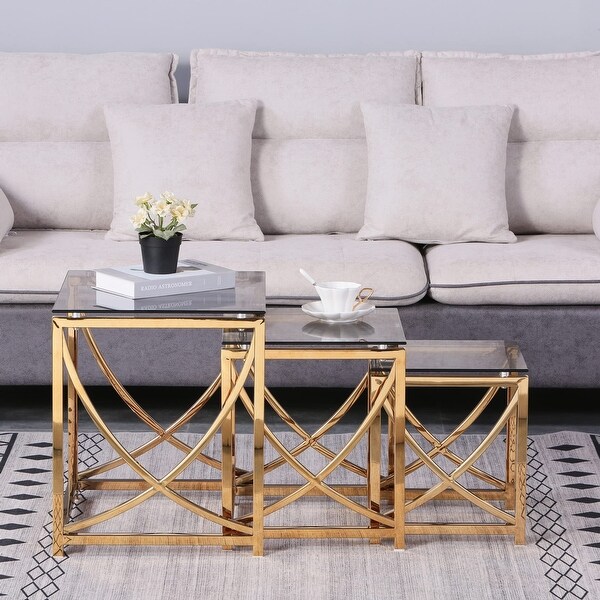 Small Coffee Table Set of 3， Nesting End Table 3 Pieces Side Tables Coffee Tables w/ Gray Tempered Glass and Gold - as picture