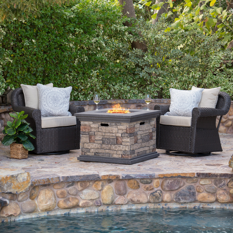 GDF Studio 3 Piece Augusta Outdoor Wicker Rocker and Gas Firepit Set   Tropical   Outdoor Lounge Sets   by GDFStudio  Houzz