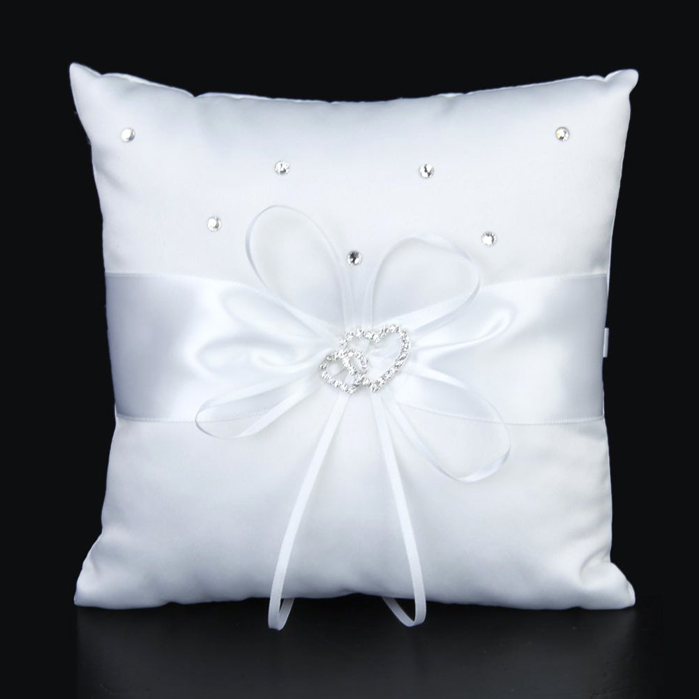 10*10cm Double Heart Bridal Wedding Ceremony Pocket Ring Bearer Pillow Cushion with Satin Ribbons (White)