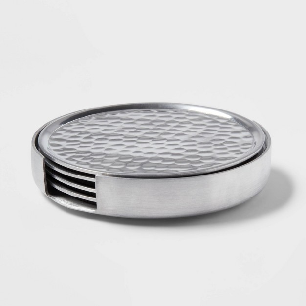 4pk Metal Coasters With Holder Silver