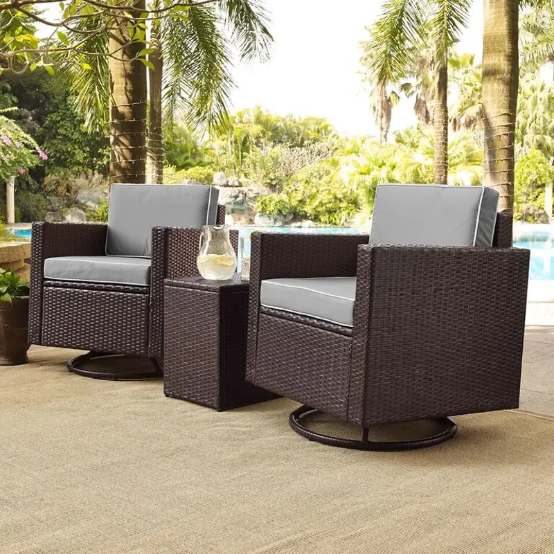 Palm Harbor Gray and Wicker 3 pc Patio Swivel Armchair Set