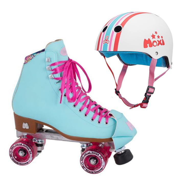 Moxi Combo Set - Beach Bunny Roller Skate (Blue Sky) and Helmet (Stripey)