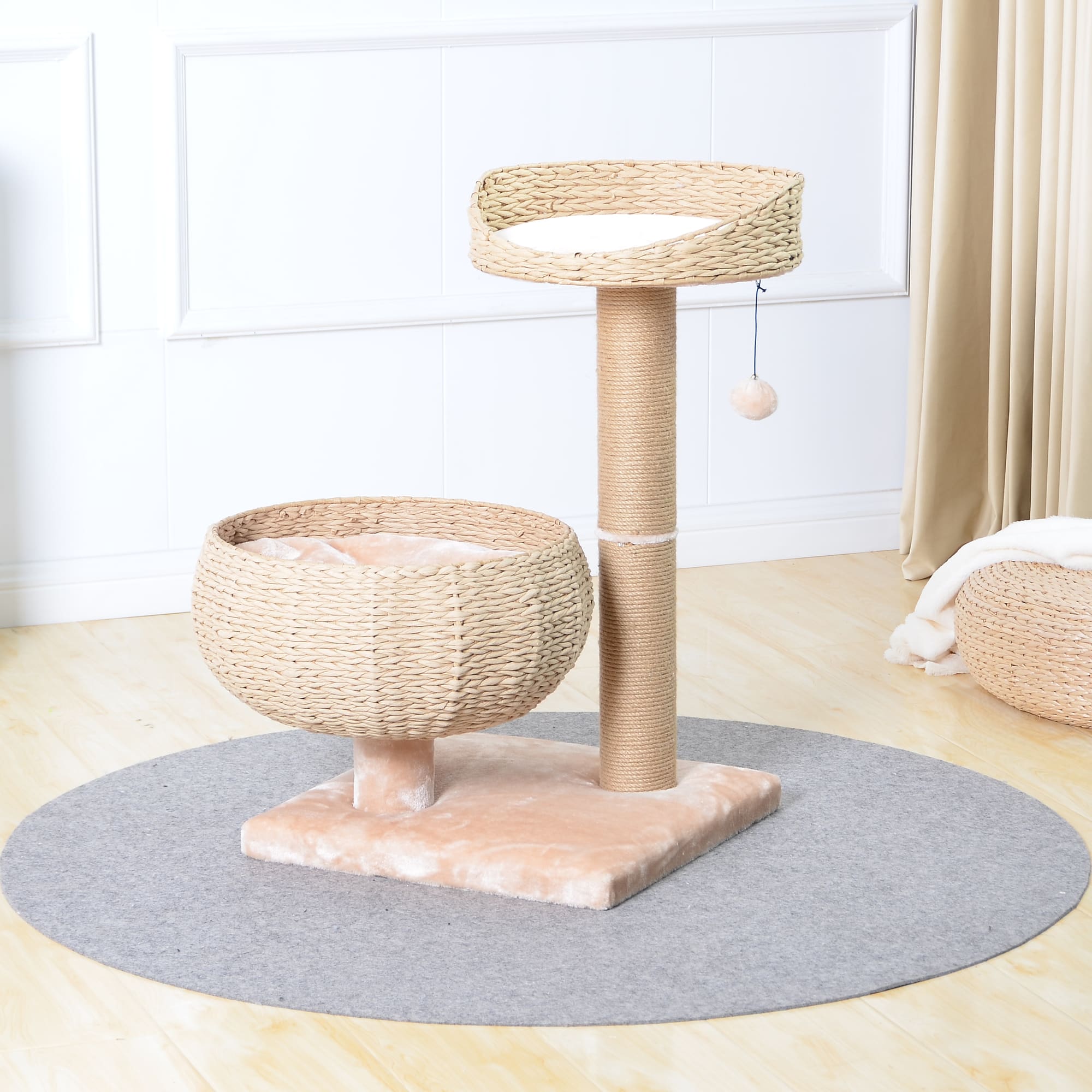 PetPals Group Cozy V2 Paper Handcrafted Basket Cat Tree， Top Perch Jute Rope Scratching Post， 17.7