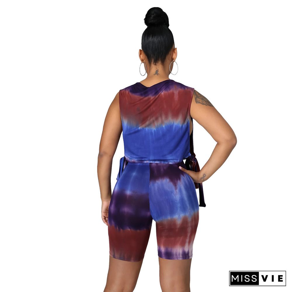 Women Tie Dye Lace-up Vest Biker Shorts 2 Pieces Sports Suit