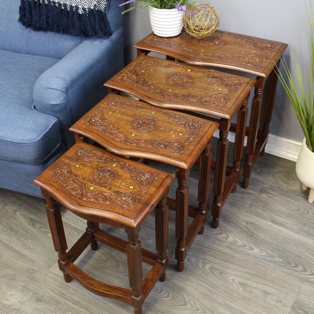 Natural Geo Decorative Set of 4 Nesting Tables   Handcarved