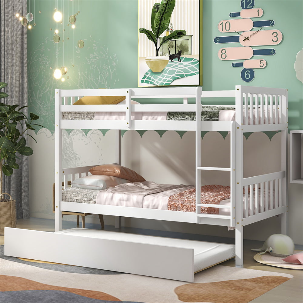 Twin Over Twin Bunk Beds with Trundle, Solid Wood Bed Frame with Safety Rail and Ladder for Kids/Teens Bedroom, Guest Room Furniture, White