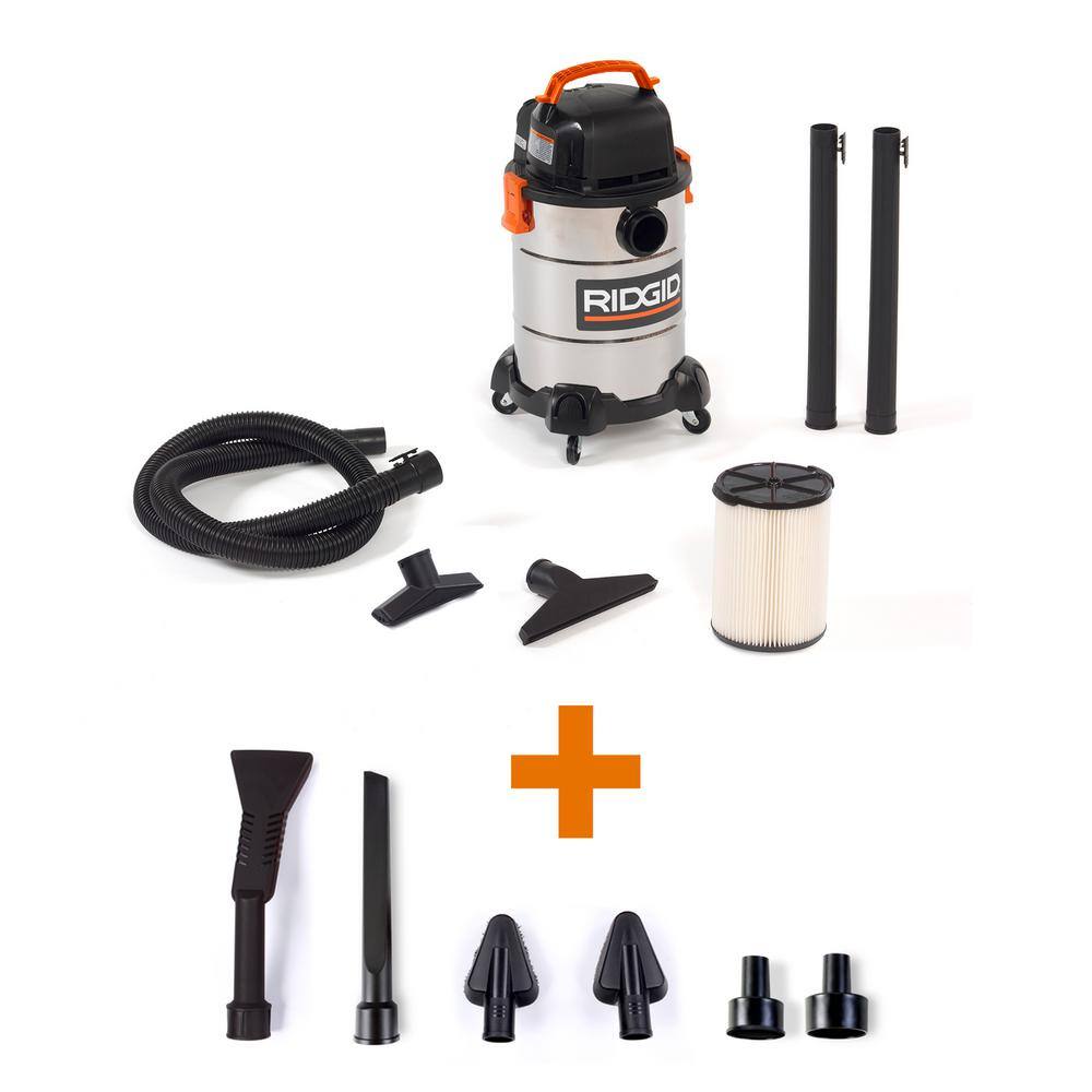 RIDGID 6 Gal. 4.25-Peak HP Stainless Steel WetDry Shop Vacuum with Filter Hose Accessories and Car Cleaning Attachment Kit WD6425B