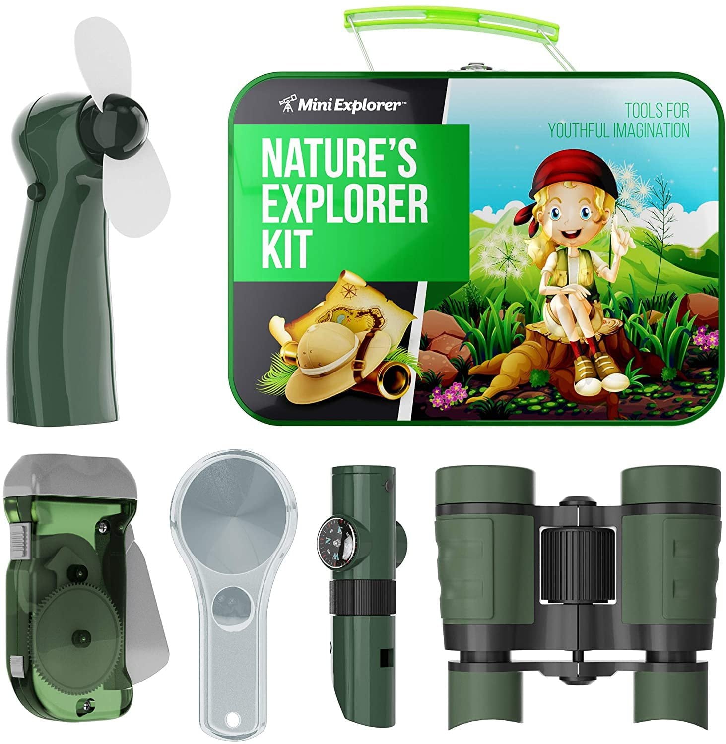 Nature Explorer Kit for Kids - Camping Gear and Accessories Play Toy Gift for Boys Outdoor Childrens Games. Birthday Gifts Toys 4 5 6 7 8 Year Old Boy. Binoculars Fan Magnifier Flashlights 5-in-1 Tool