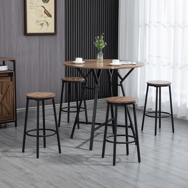 Homcom Industrial 5 piece Bar Table And Chairs Set Space Saving Dining Table With 4 Stools For Pub And Kitchen Brown