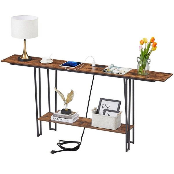 Industrial Rectangular Console Table with 2 Outlet and 2 USB Charging Ports