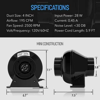 Tidoin 4 in. 195 CFM Black Duct Inline Ventilation Fan Air Circulation Exhaust DHS-YDW1-8280